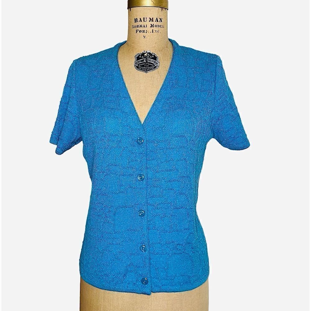 Vintage Carmina Turquoise Short Sleeve V neck Cardigan Sweater Size Small